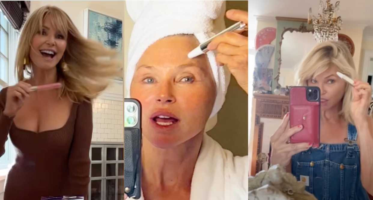Christie Brinkley uses anti aging skincare products from sbla beauty, Christie Brinkley, three photos of christie brinkley with lip gloss and anti-aging wand, 