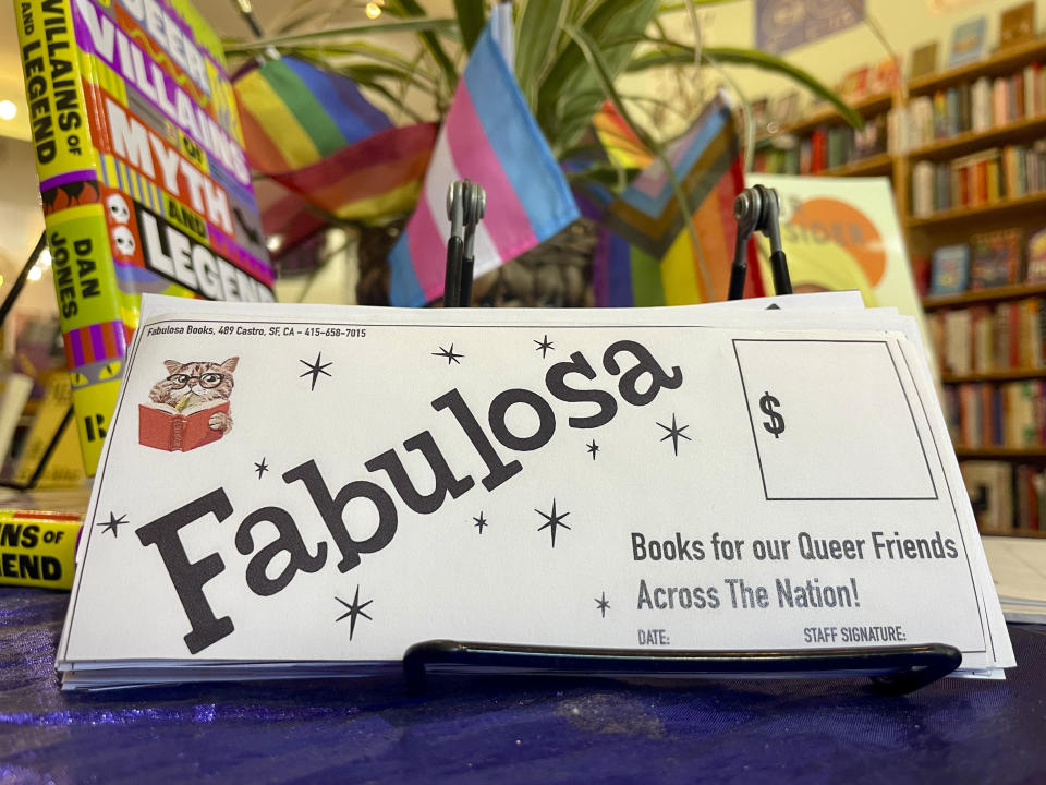 A donation slip is displayed at Fabulosa Books in the Castro District of San Francisco on Thursday, June 27, 2024. "Books Not Bans" is a program initiated and sponsored by the book store that sends boxes of LGBTQ+ books to LGBTQ+ organizations in conservative parts of America, places where bigoted politicians are demonizing and banning books with LGBTQ+ affirming content. (AP Photo/Haven Daley)