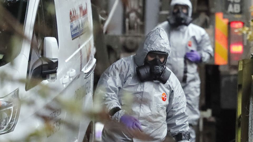 A file photo shows investigators at the scene of the poisoning of Russian ex-spy Sergei Skripal and his daughter Yulia in Salisbury, England. - Frank Augstein/AP