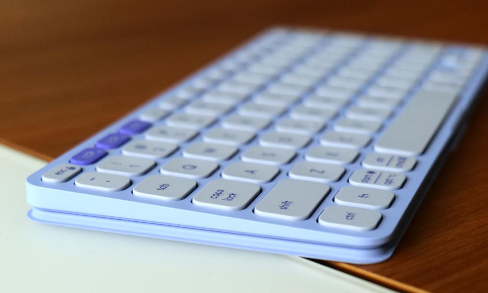 The Keys-To-Go 2 features a built-in cover that flips around to give the keyboard a more ergonomic angle while in use. 