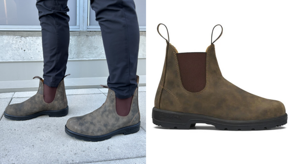 split screen of man wearing Blundstone #585 Classic Boots and product shot
