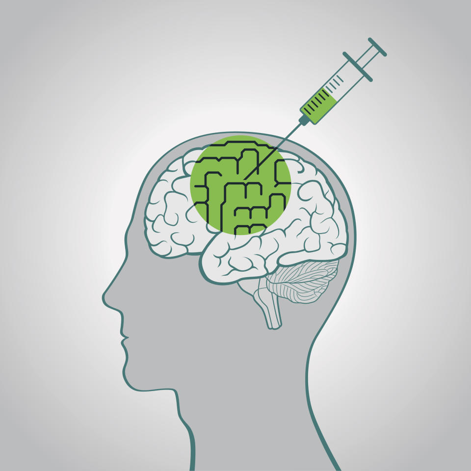 Illustration of a syringe injecting a green substance into a drawing of a brain within a human head profile