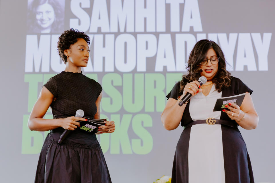 Author Samhita Mukhopadhyay (righ) talks about the myth that for women a little personal hustle, negotiating, work ethic, and good time management can overcome any hurdle that you experience in the workplace. (Photo credit: Monnelle Britt)
