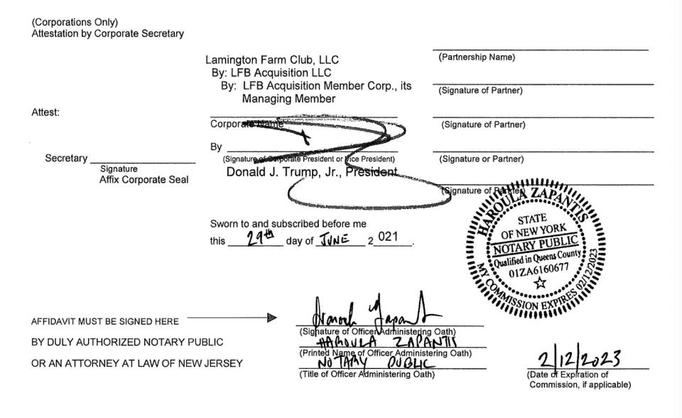 Donald Trump, Jr.'s signature on the most recent liquor license for his father's golf course in Bedminster, NJ.
