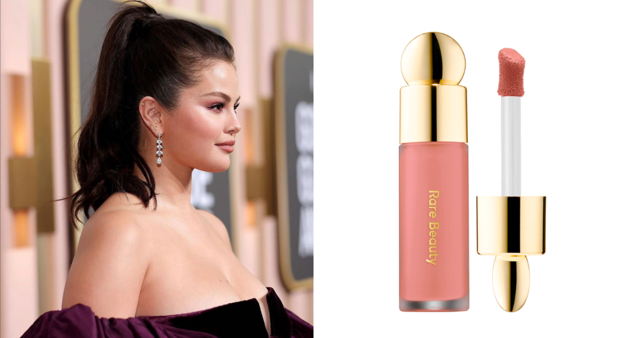 Selena Gomez wore the Rare Beauty Soft Pinch Liquid Blush for her Golden Globes red carpet look. Images via Instagram/RareBeauty, Sephora.