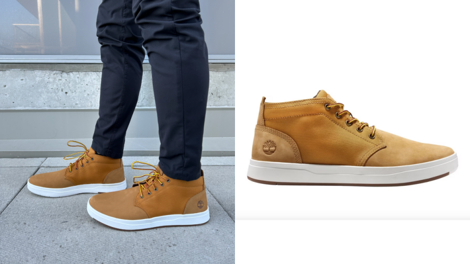 split screen of man wearing light brown and white timberland boots and boots on white background