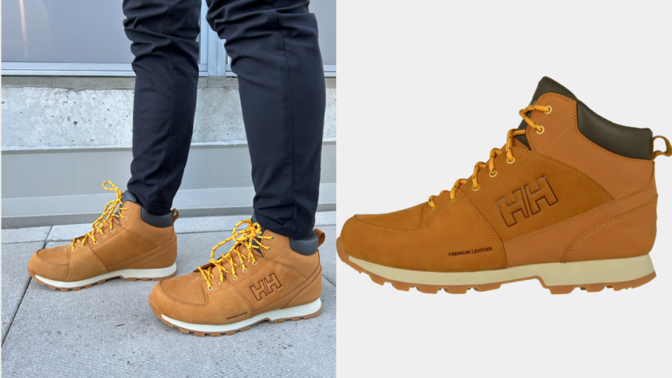 split screen of man wearing Helly Hansen's Tsuga Boots and helly hansen brown boots on white background