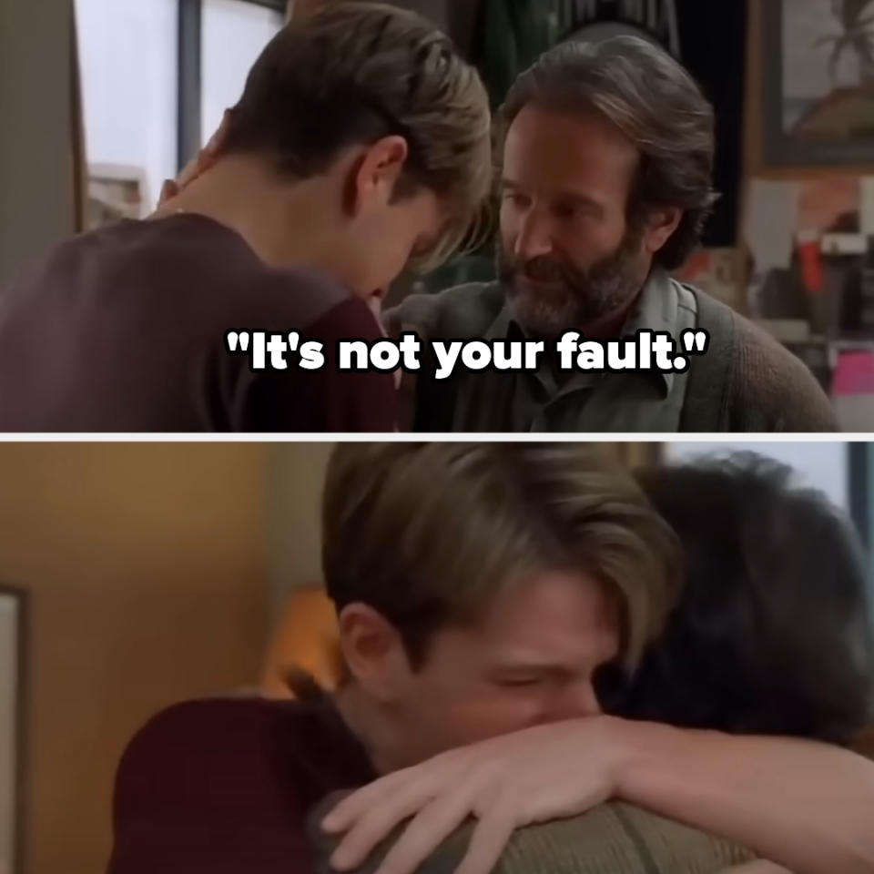 Top image shows Robin Williams comforting Matt Damon, saying, "It's not your fault." Bottom image shows Matt Damon crying and hugging Robin Williams