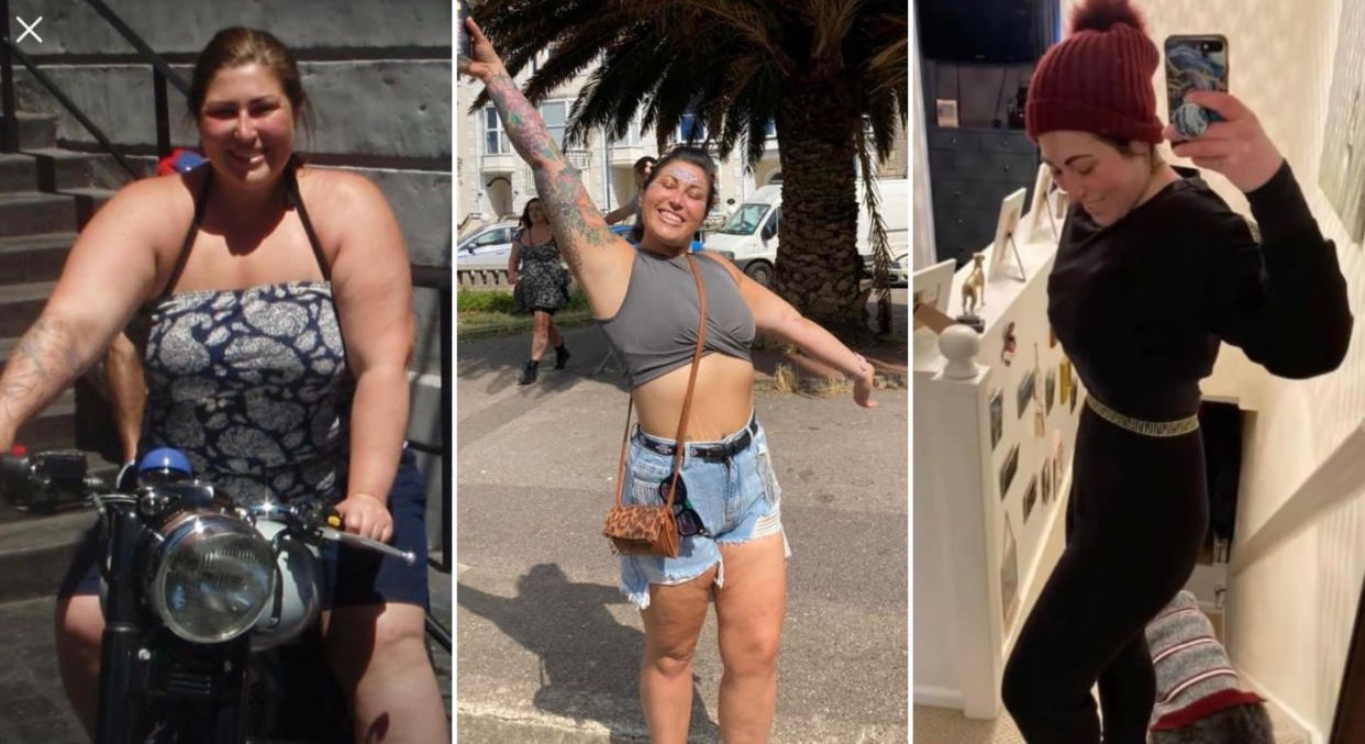 From L to R: Fran Drake at size 24 during a period of obesity, now feeling body-confident and a healthy size, and (far right) at a worryingly thin size four. (Supplied)