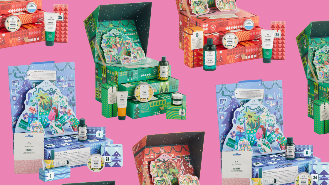 the body shop, The Body Shop 2023 advent calendars in green, blue and red boxes on pink background