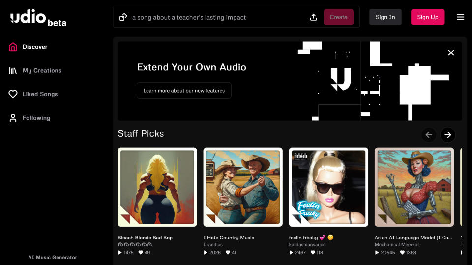 Screenshot of the Udio AI music generator homescreen.