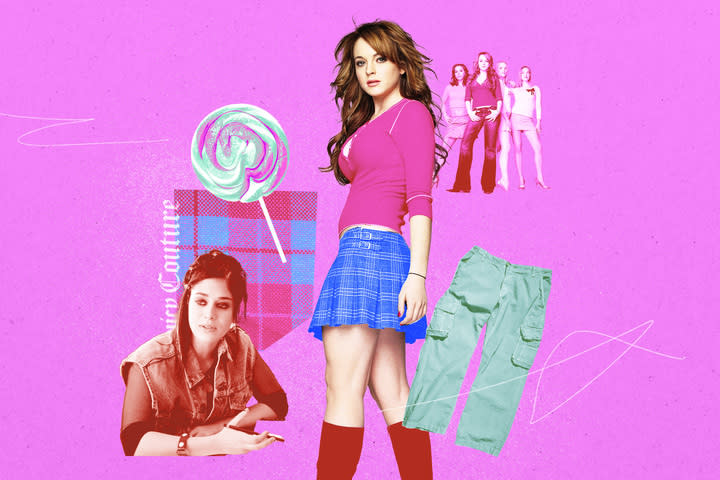 It's Mean Girls Day! That means we're wearing pink with the film's costume designer, Mary Jane Fort, who spills the tea on the creative process behind The Plastic's epic Y2K fashion. (Photo Illustration: Yahoo News; Getty Images; Everett Collection) 
