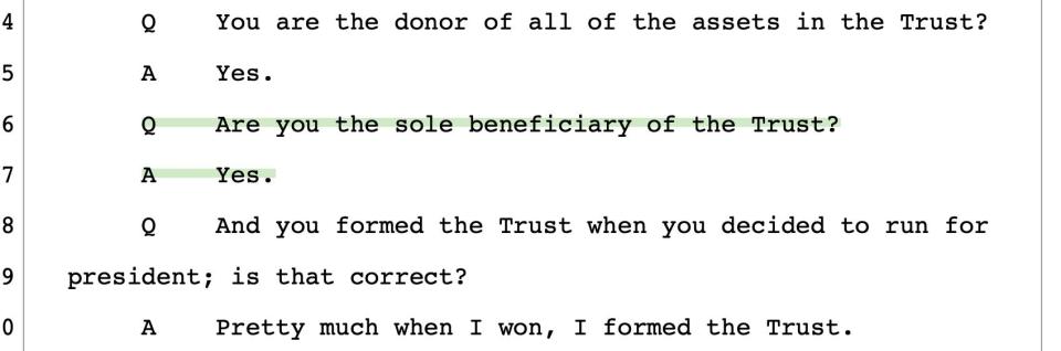 An excerpt from Donald Trump's October, 2023 testimony in his New York civil fraud trial, in which says that he is the sole beneficiary of the trust that owns everything under the Trump Organization umbrella.