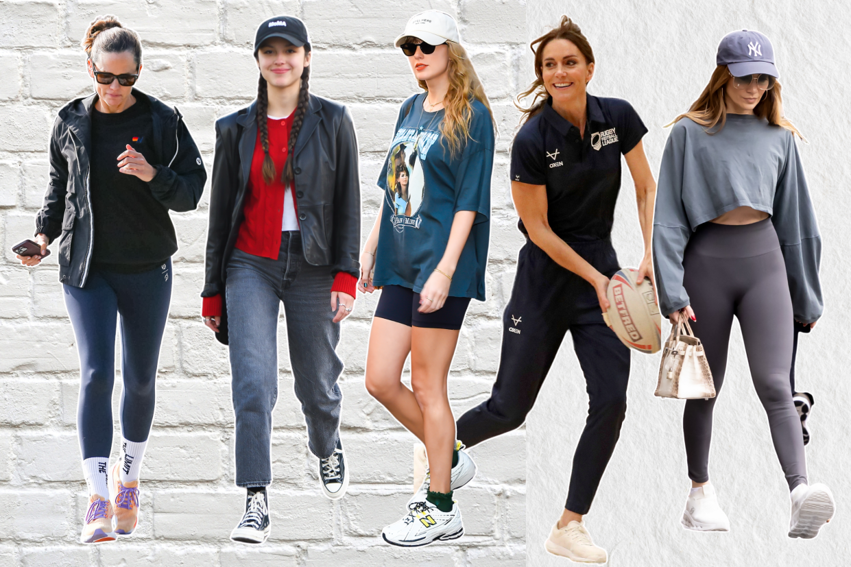 jennifer garner, olivia rodrigo, taylor swift, kate middleton and jennifer lopez wearing sneakers, The absolute best sneakers for summer 2024, according to the rich and famous (Photos via Getty Images).