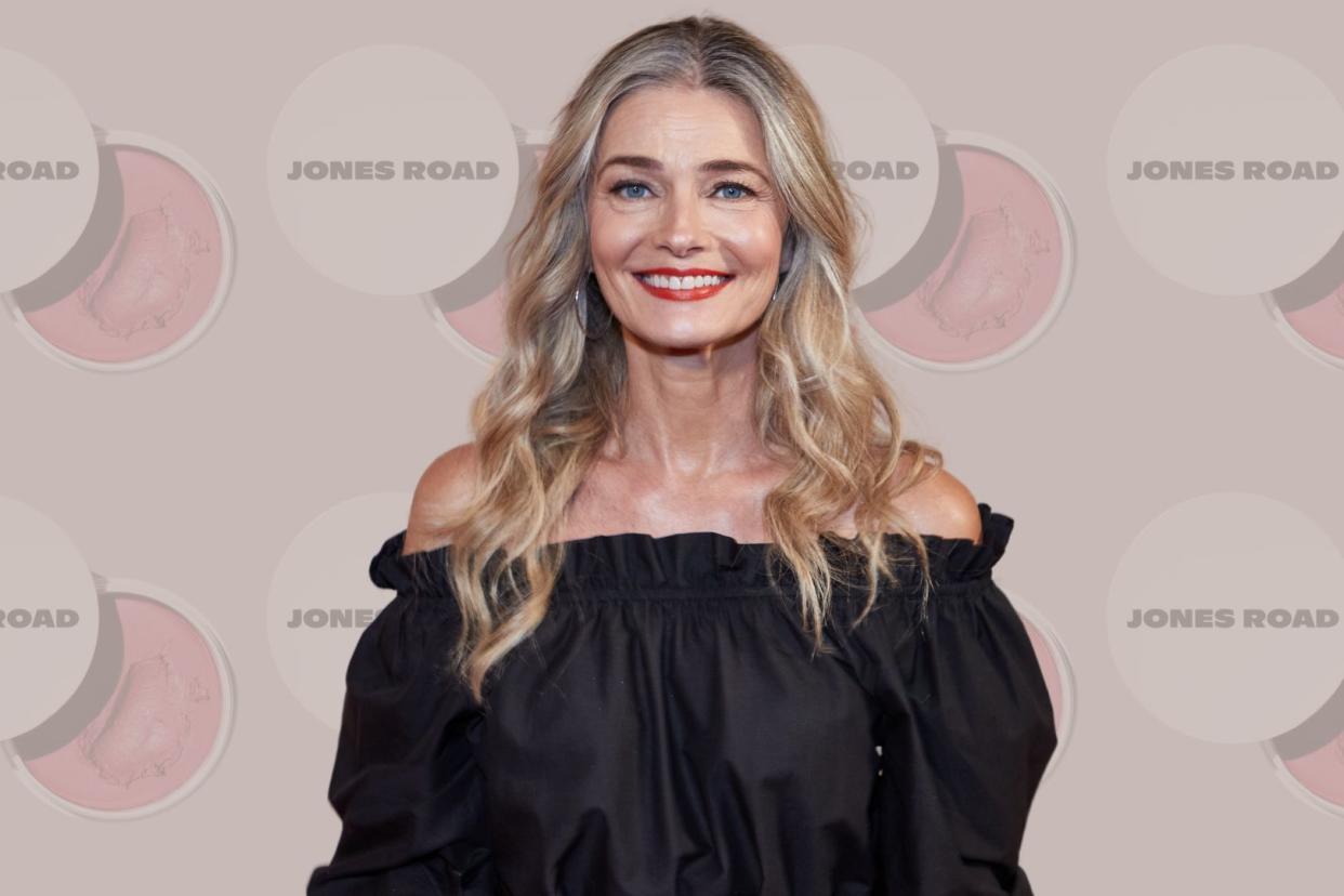 a photo of Paulina Porizkova on a background of miracle balm from jones road