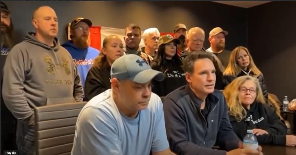 A screengrab of a press conference held by organizers of what became the Freedom Convoy, including Tamara Lich and Chris Barber, on Feb. 7, 2022 where Hadwen was promoted. 