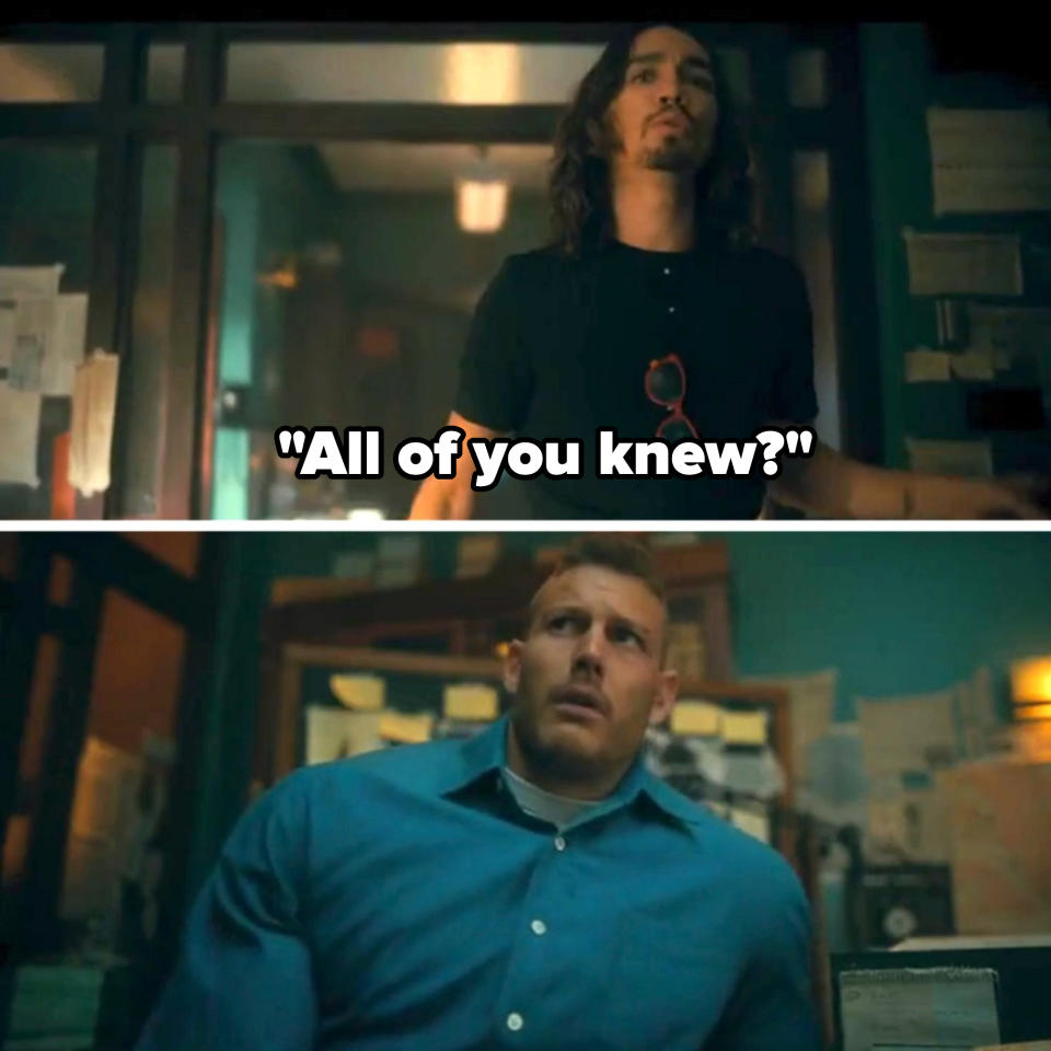 Scene from "The Umbrella Academy" showing characters Klaus Hargreeves (upper) looking concerned and Luther Hargreeves (lower) sitting with a worried expression