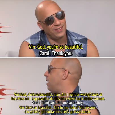 In 2016, Vin Diesel derailed his interview with YouTuber Carol Moreira by trying to flirt with her and insisting she was too 