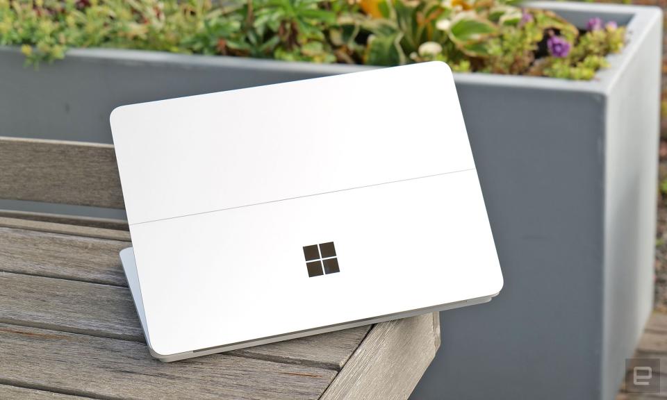 The break in the middle of the Surface Laptop Studio 2's lid allows its screen to tilt into several positions. 