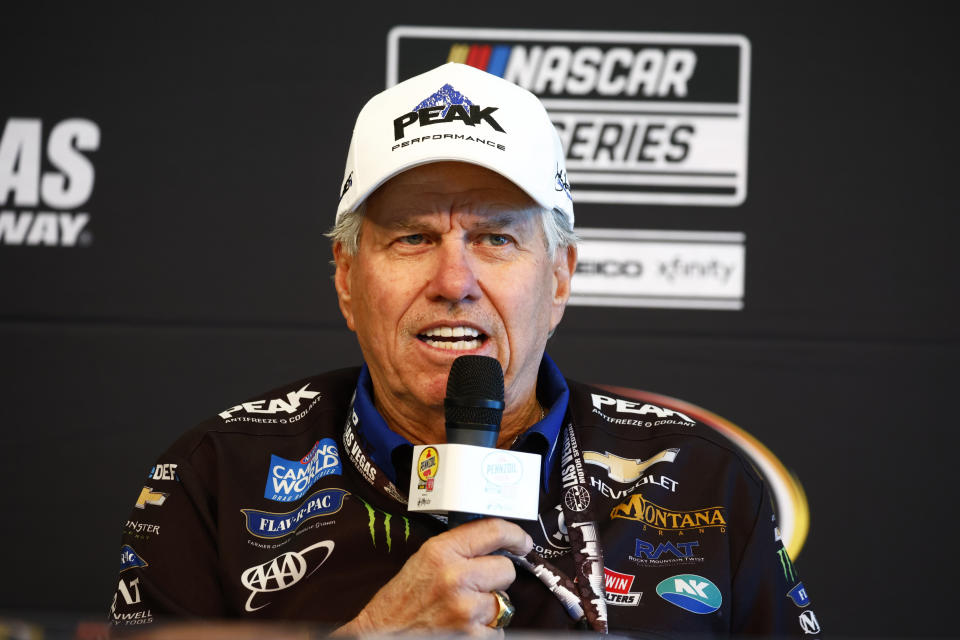 LAS VEGAS, NV - MARCH 03: NHRA legend John Force speaks with members of the media before the Pennzoil 400 presented by Jiffy Lube NASCAR Cup Series race on March 3, 2024, at Las Vegas Motor Speedway in Las Vegas, NV. (Photo by Jeff Speer/LVMS/Icon Sportswire via Getty Images)