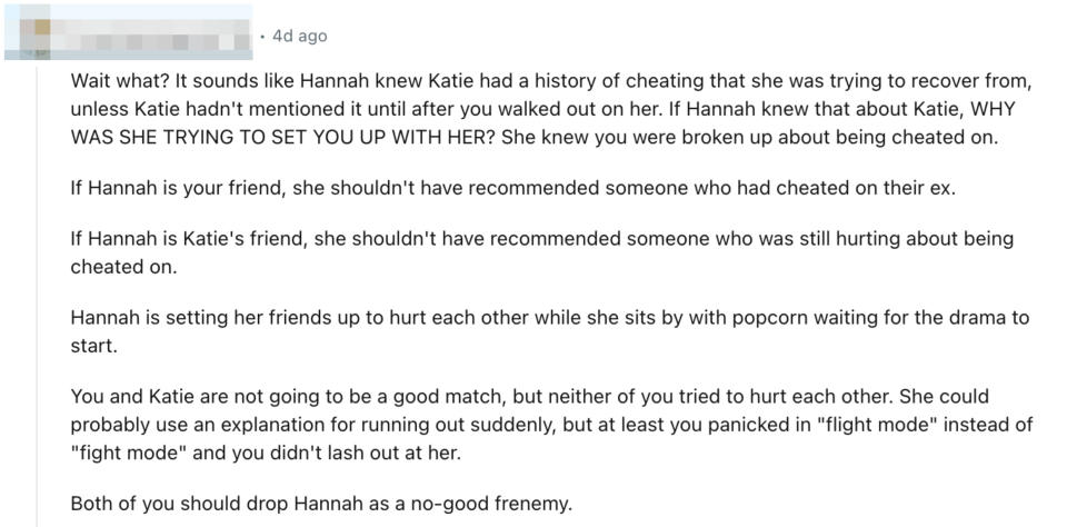 A Reddit post by PotentialUmpire1714 comments on a situation where Katie and Hannah are involved in cheating drama. The post criticizes both parties' actions and calls Hannah a "no-good frenemy."