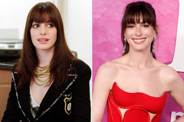 <p>Barry Wetcher/20th Century Fox/Kobal/Shutterstock; Taylor Hill/FilmMagic</p> Anne Hathaway as Andy Sachs in 2006's 'The Devil Wears Prada' and in April 2024
