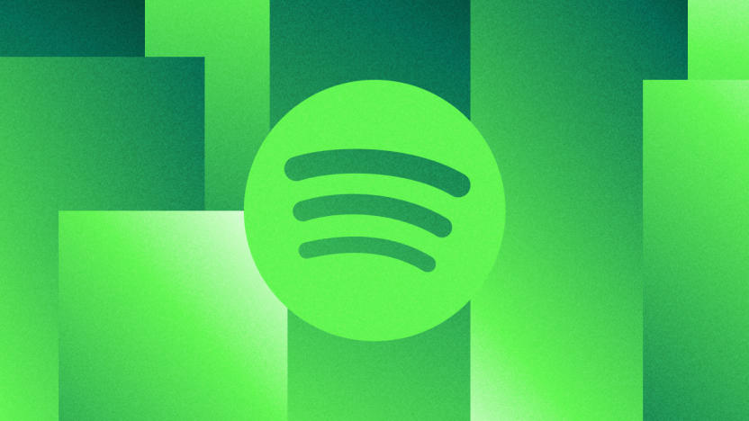 Spotify logo (green circle with three soundwave symbols pointing upwards) against a green abstract background full of rectangles.