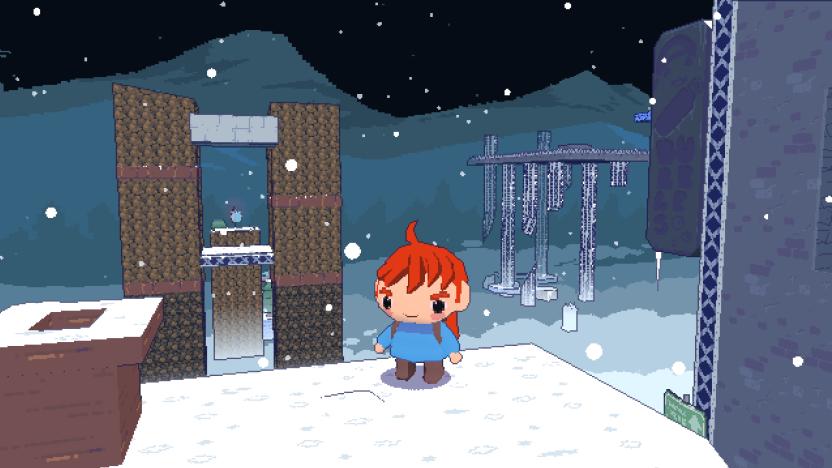 A stylized character stands on a snowy surface with floating platforms in the background in Celeste 64: Fragments of the Mountain.