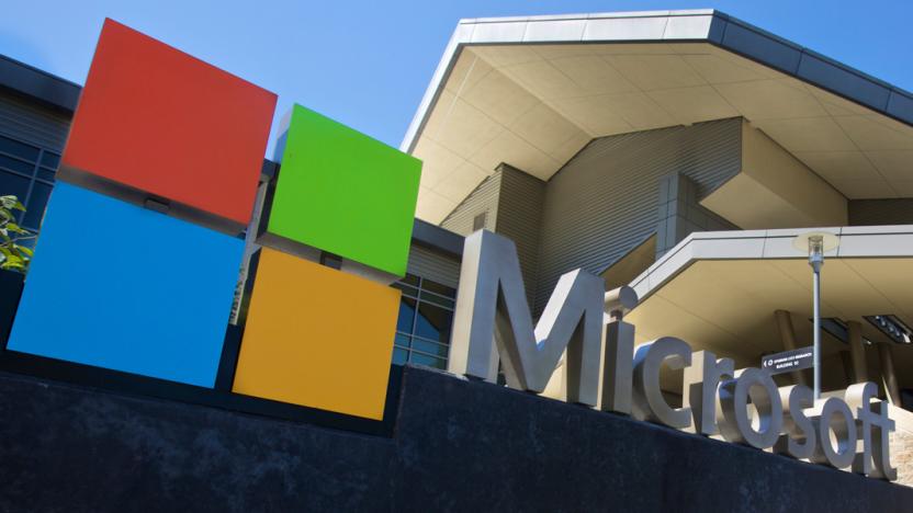 Closeup of a Microsoft sign at the company’s headquarters. Outdoors.
