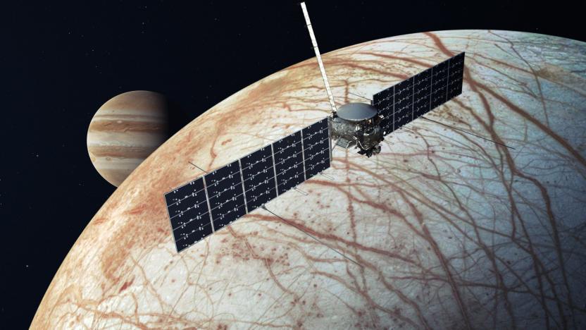 An artist's impression of the Europa clipper in front of Jupiter's moon Europa