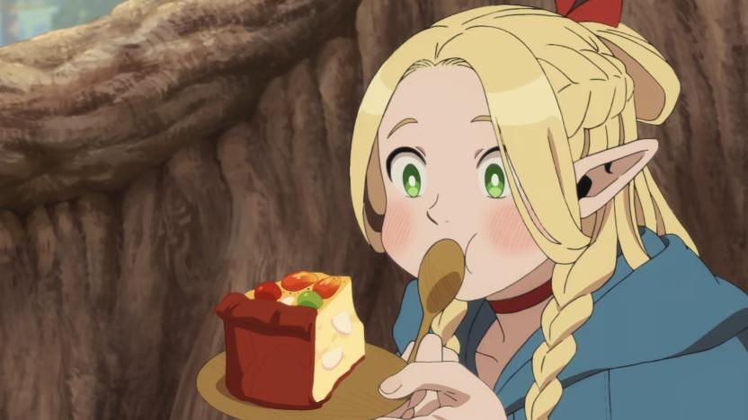 A still from the show delicious in dungeon showing the character Marcille eating a slice of food