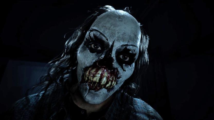 A figure wearing a creepy and bloody evil clown mask is shown in the promo image for the video game Until Dawn.