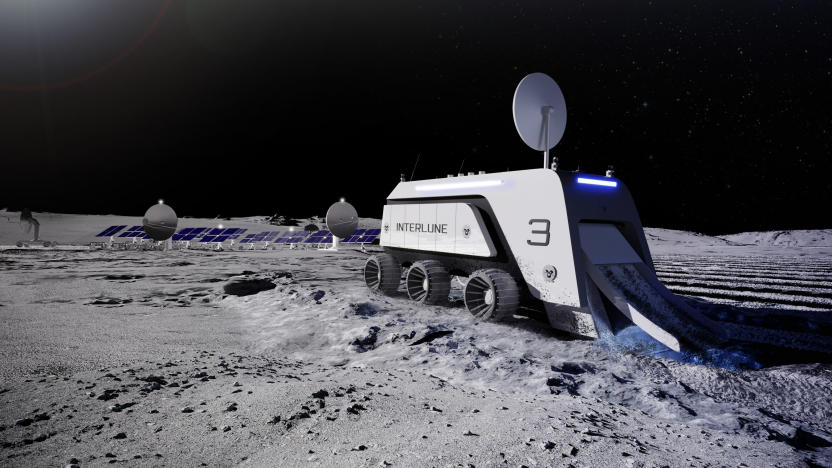 A rendering of Interlune's harvester on the lunar surface collecting regolith 