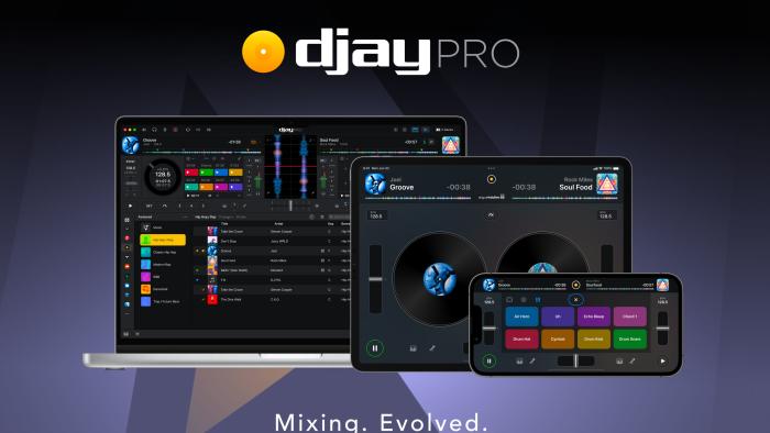 A promotional image for djay Pro 5 showing a MacBook, iPad and iPhone running djay Pro, with the tagline Mixing. Evolved at the bottom.