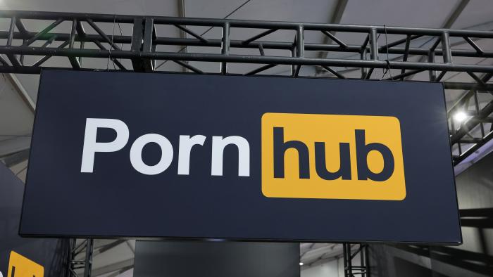 LAS VEGAS, NEVADA - JANUARY 24: A sign hangs at the Pornhub booth at the 2024 AVN Adult Entertainment Expo at Resorts World Las Vegas on January 24, 2024 in Las Vegas, Nevada. (Photo by Ethan Miller/Getty Images)