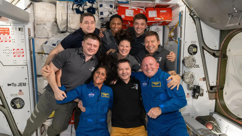 Boeing and ISS astronauts pictured on the ISS: front, from left: Suni Williams, Oleg Kononenko, and Butch Wilmore. Second row from left are, Alexander Grebenkin, Tracy C. Dyson, and Mike Barratt. Back row: Nikolai Chub, Jeanette Epps, and Matthew Dominick
