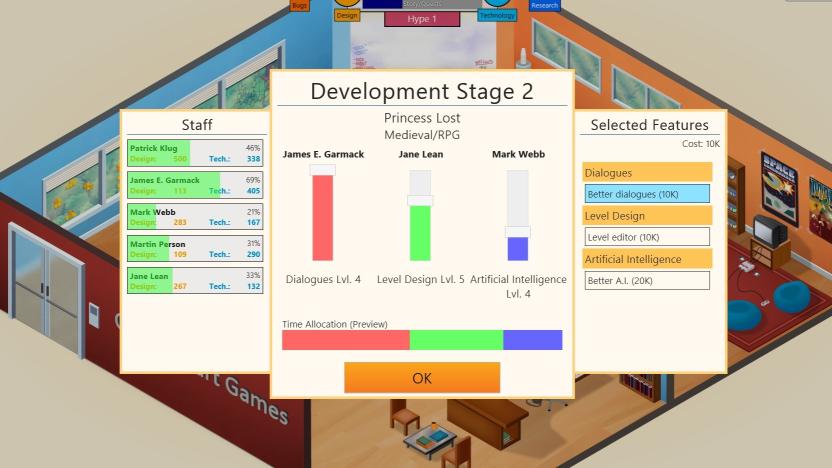 Screenshot of Game Dev Tycooon showing development stats.