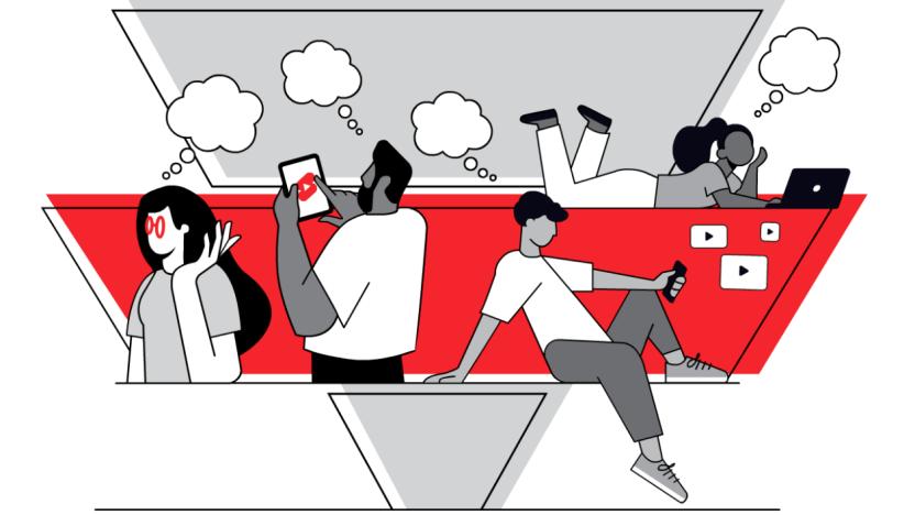 A cartoon with some people using YouTube. 