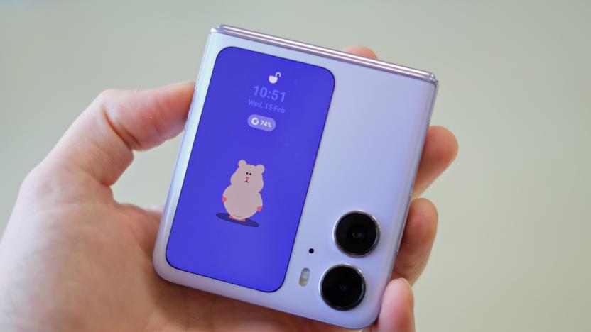 Image of the Find N2 Flip closed, showing the cover display featuring an animated hamster.