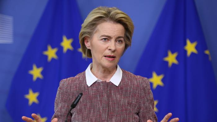 BRUSSELS, BELGIUM - FEBRUARY 19: European Commission President Ursula von der Leyen speaks during a press conference on Artificial Intelligence (AI) on February 19, 2020 in Brussels, Belgium. (Photo by Dursun Aydemir/Anadolu Agency via Getty Images)