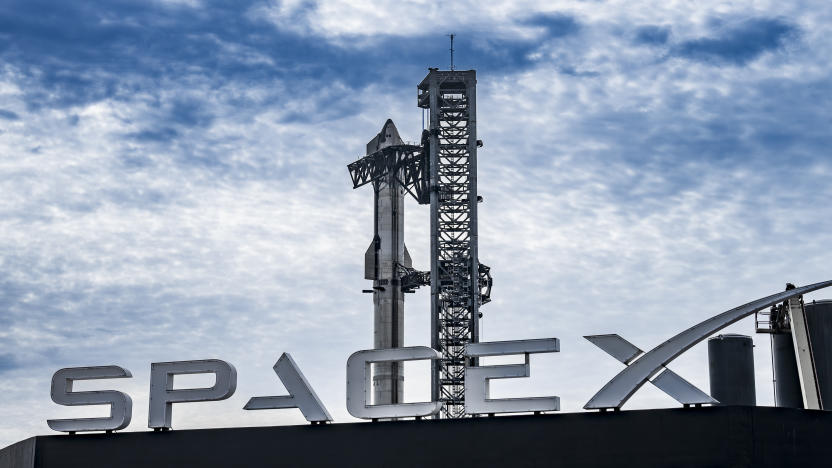 SpaceX's Starship on the launchpad and the SpaceX logo.