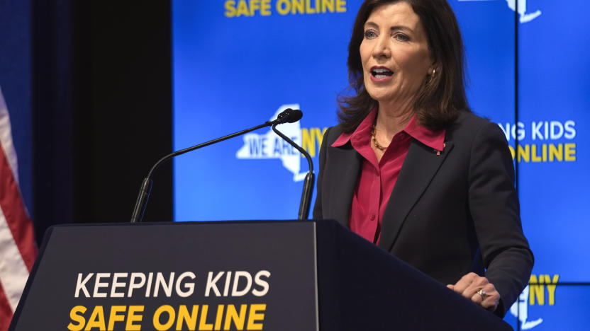 FILE — New York Gov. Kathy Hochul speaks during a news conference in New York, Oct. 11, 2023. New York Gov. Kathy Hochul signed a bill, Thursday, June 20, 2024, that would allow parents to block their children from getting social media posts suggested by a platform's algorithm, a move to limit feeds critics argue are addictive. (AP Photo/Seth Wenig, File)