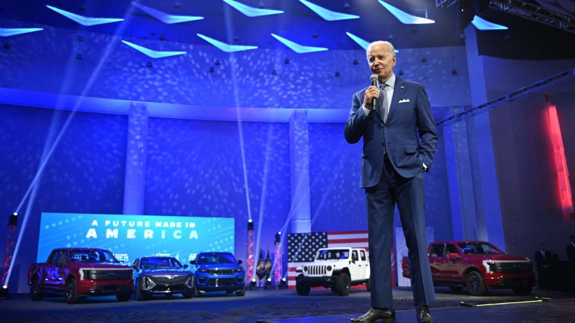 US President Joe Biden speaks at the 2022 North American International Auto Show in Detroit, Michigan, on September 14, 2022. - Biden is visiting the auto show to highlight electric vehicle manufacturing. (Photo by MANDEL NGAN / AFP) (Photo by MANDEL NGAN/AFP via Getty Images)