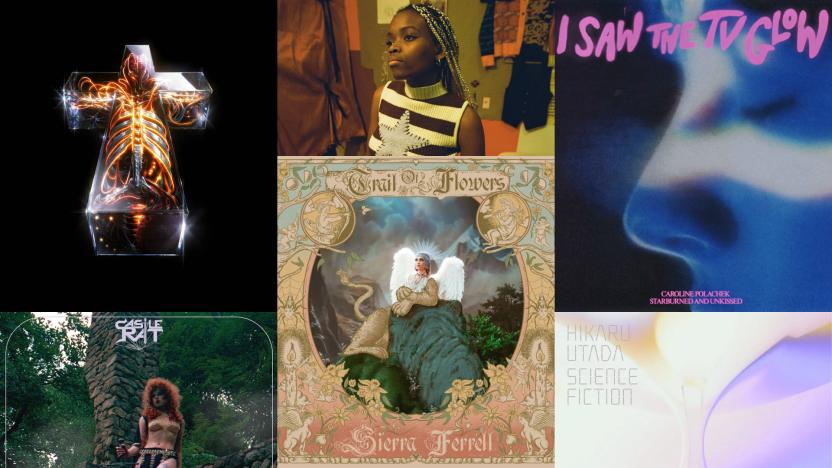 A collage showing album covers for: Justice's Hyperdrama, Sierra Ferrell's Trail of Flowers, Hikaru Utada's Science Fiction, Castle Rat's Into the Realm, Caroline Polachek's single “Starburned and Unkissed,” and Hannah Jadagu's Aperture

