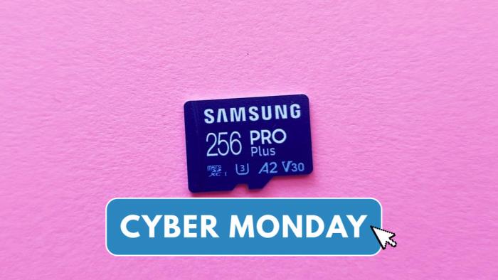 Samsung Pro Plus microSD card on pink paper