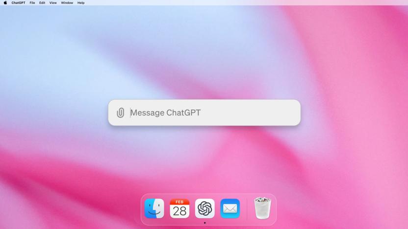 A macOS desktop with a search bar (center) that says "Message ChatGPT."