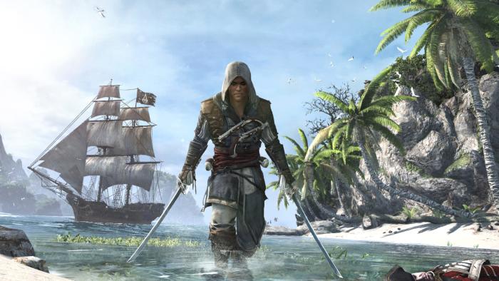 A computer graphic image of a man wearing a hood, holding two swords in knee-deep waters with a ship in the background.