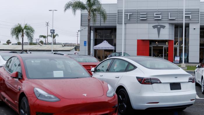 Tesla Model 3 vehicles are shown for sale at a Tesla facility in Long Beach, California, U.S., May 22, 2023. REUTERS/Mike Blake