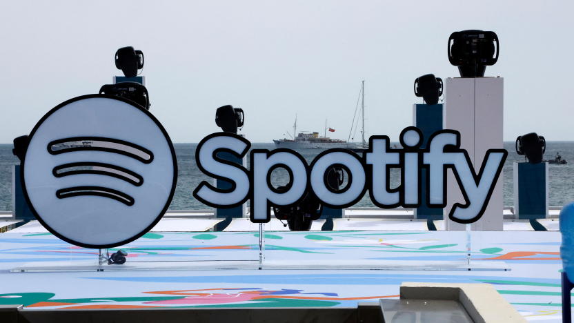 A logo of Spotify is seen on a beach during the Cannes Lions International Festival of Creativity in Cannes, France, June 20, 2023. REUTERS/Eric Gaillard