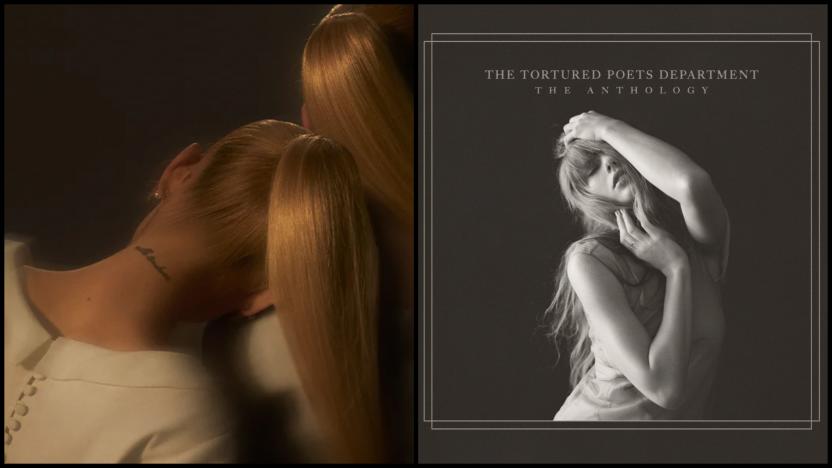 Album covers for Ariana Grande's Eternal Sunshine and Taylor Swift's The Tortured Poets Department are pictured side by side 